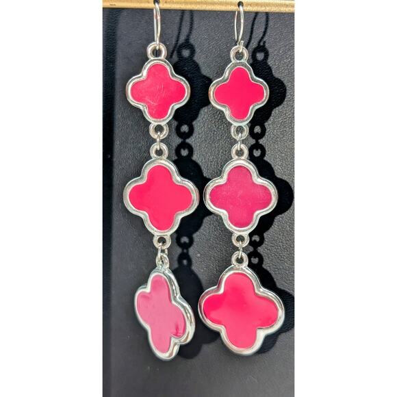 Hot Pink Enamel Three Quatrefoil Silver Tone Dangle Pierced Earrings - Picture 1 of 5